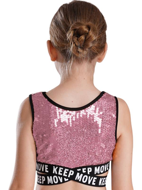 Kids Girls Sequin Sleeveless Criss-cross Waistline Crop Top for Dance thumb