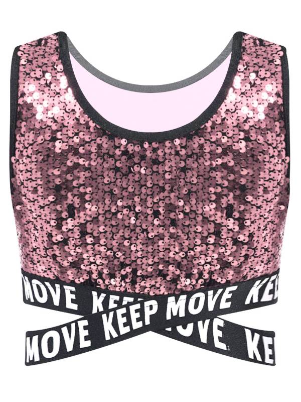 Kids Girls Sequin Sleeveless Criss-cross Waistline Crop Top for Dance thumb