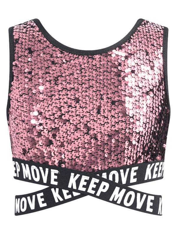 Kids Girls Sequin Sleeveless Criss-cross Waistline Crop Top for Dance thumb