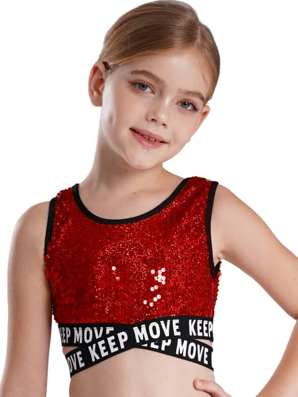 Kids Girls Sequin Sleeveless Criss-cross Waistline Crop Top for Dance thumb