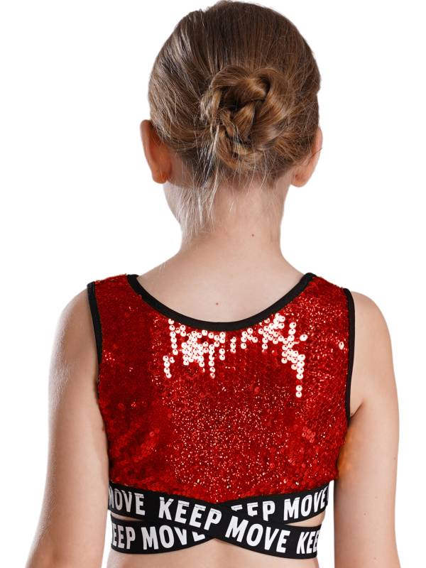 Kids Girls Sequin Sleeveless Criss-cross Waistline Crop Top for Dance thumb