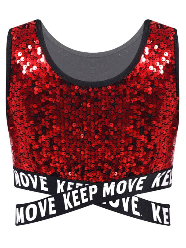 Kids Girls Sequin Sleeveless Criss-cross Waistline Crop Top for Dance thumb