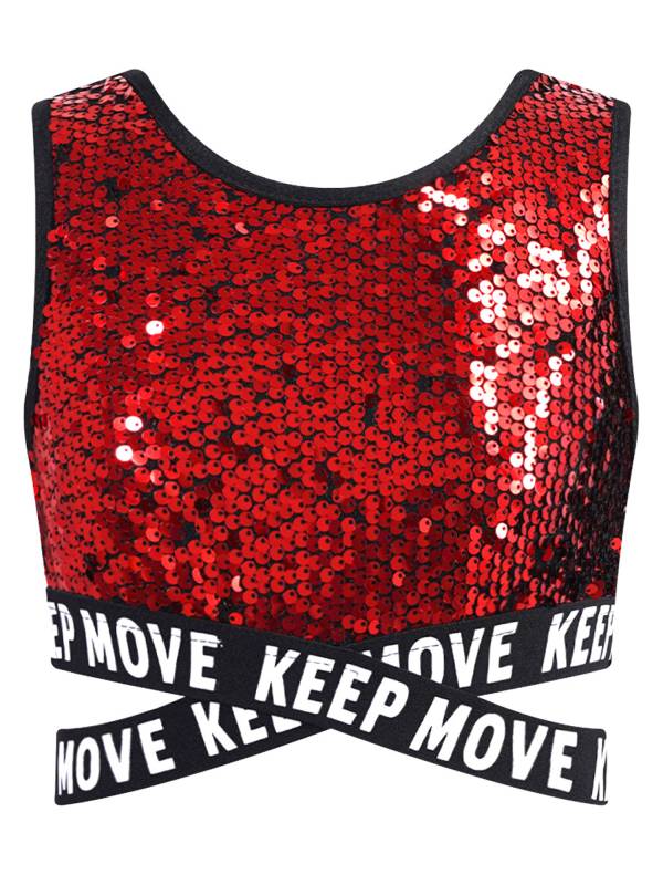 Kids Girls Sequin Sleeveless Criss-cross Waistline Crop Top for Dance thumb