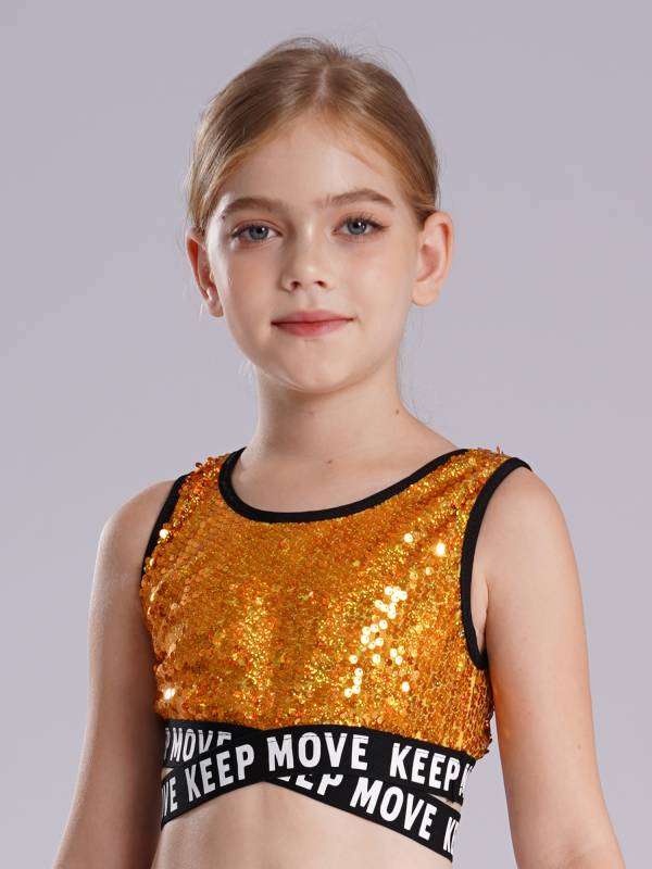 Kids Girls Sequin Sleeveless Criss-cross Waistline Crop Top for Dance thumb