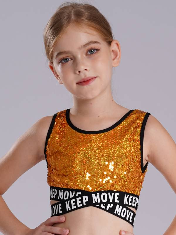 Kids Girls Sequin Sleeveless Criss-cross Waistline Crop Top for Dance thumb