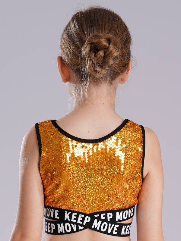 Kids Girls Sequin Sleeveless Criss-cross Waistline Crop Top for Dance thumb