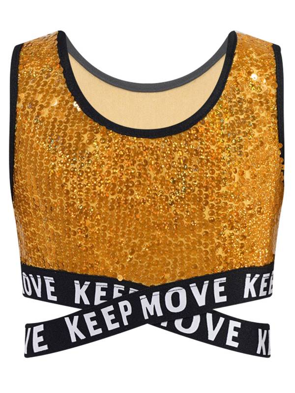 Kids Girls Sequin Sleeveless Criss-cross Waistline Crop Top for Dance thumb