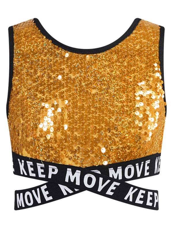Kids Girls Sequin Sleeveless Criss-cross Waistline Crop Top for Dance thumb
