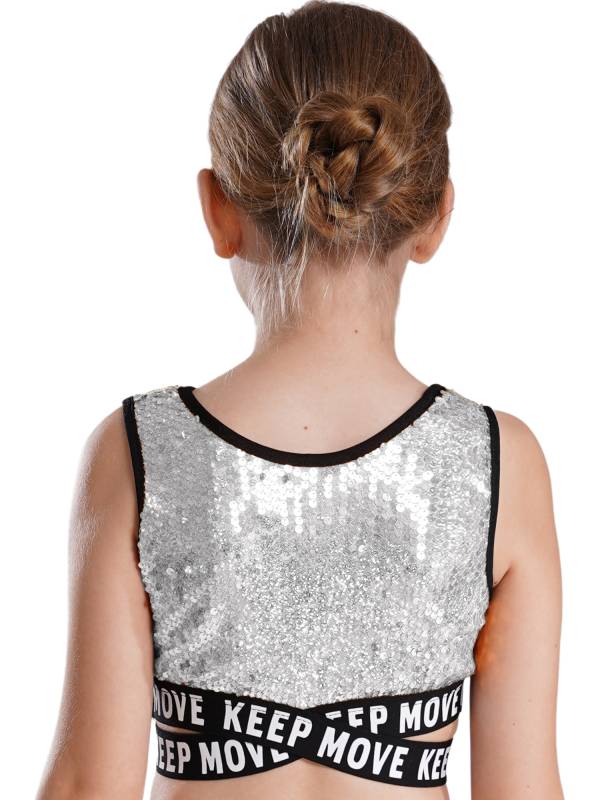 Kids Girls Sequin Sleeveless Criss-cross Waistline Crop Top for Dance thumb