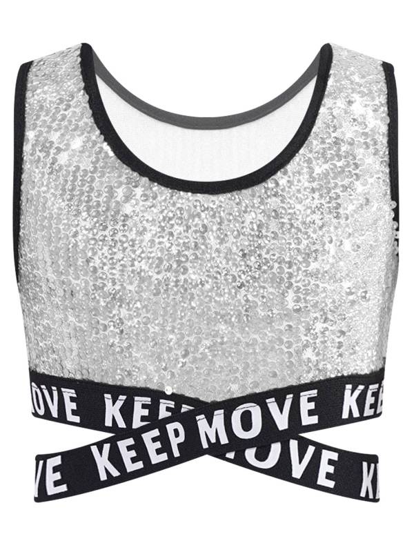 Kids Girls Sequin Sleeveless Criss-cross Waistline Crop Top for Dance thumb