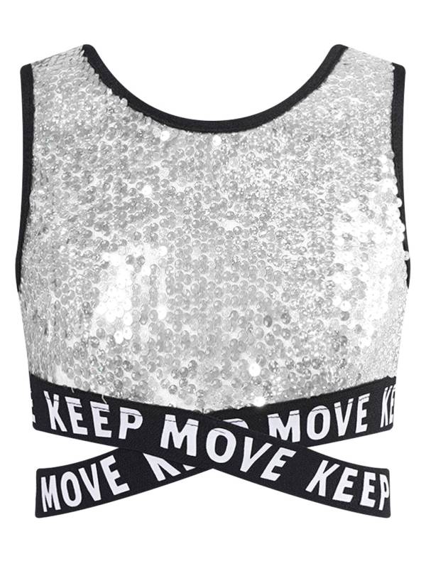 Kids Girls Sequin Sleeveless Criss-cross Waistline Crop Top for Dance thumb