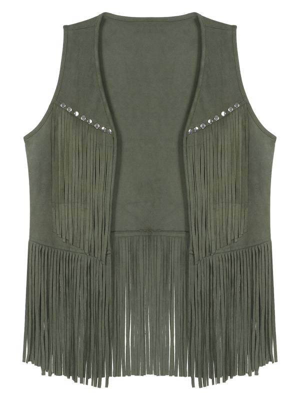 Men Faux Suede Tassel Rivets Fringe Open Front Cowboy Vest thumb