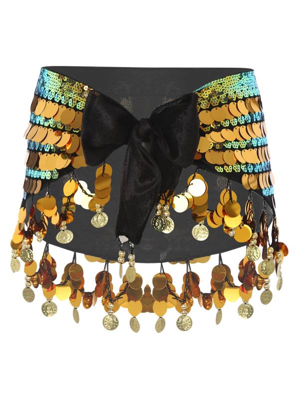 Women Belly Dance Triangle Hip Scarf Sequin Fringe Lace-Up Hip Skirt thumb