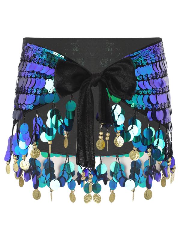 Women Belly Dance Triangle Hip Scarf Sequin Fringe Lace-Up Hip Skirt thumb