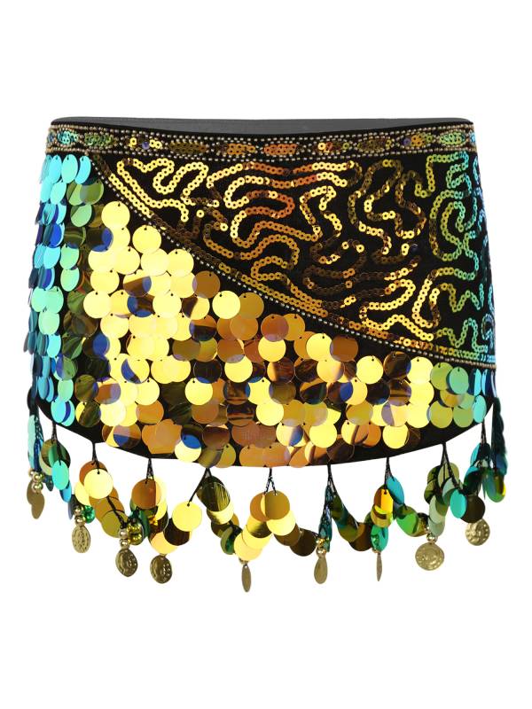 Women Belly Dance Triangle Hip Scarf Sequin Fringe Lace-Up Hip Skirt thumb