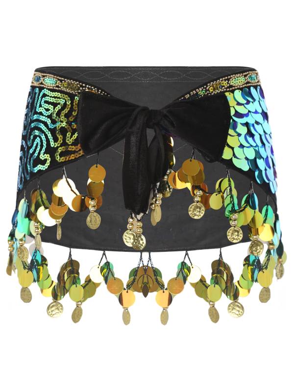 Women Belly Dance Triangle Hip Scarf Sequin Fringe Lace-Up Hip Skirt thumb