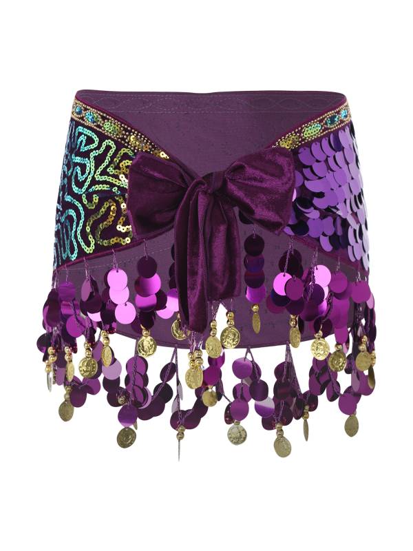 Women Belly Dance Triangle Hip Scarf Sequin Fringe Lace-Up Hip Skirt thumb