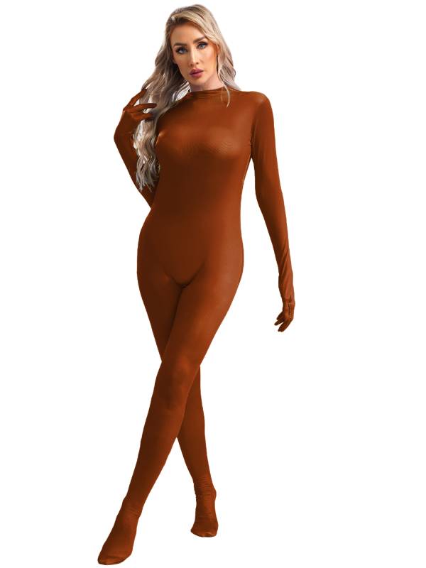 Women Long Sleeve Full Body Footed Solid Color Gymnastic Unitard thumb