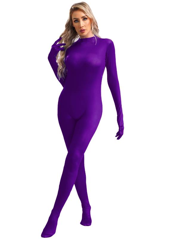 Women Long Sleeve Full Body Footed Solid Color Gymnastic Unitard thumb