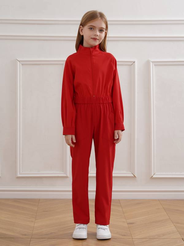 Kids Girls Long Sleeve Zipper Front Solid Color Coverall Jumpsuit thumb