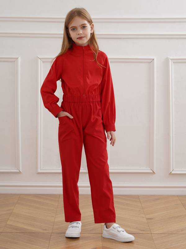 Kids Girls Long Sleeve Zipper Front Solid Color Coverall Jumpsuit thumb