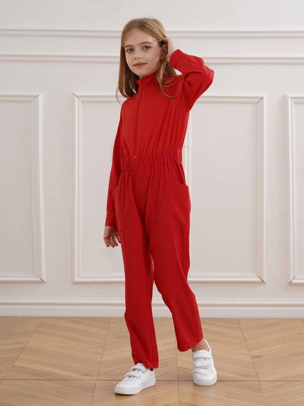 Kids Girls Long Sleeve Zipper Front Solid Color Coverall Jumpsuit thumb