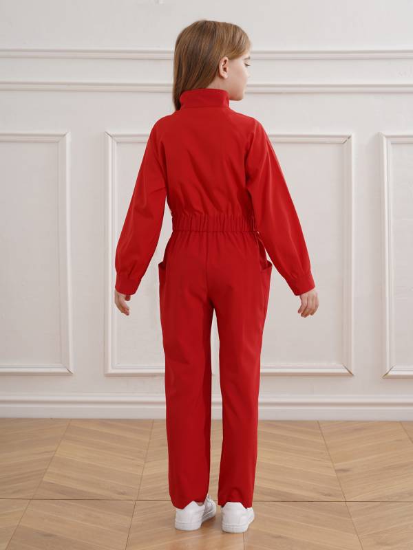 Kids Girls Long Sleeve Zipper Front Solid Color Coverall Jumpsuit thumb