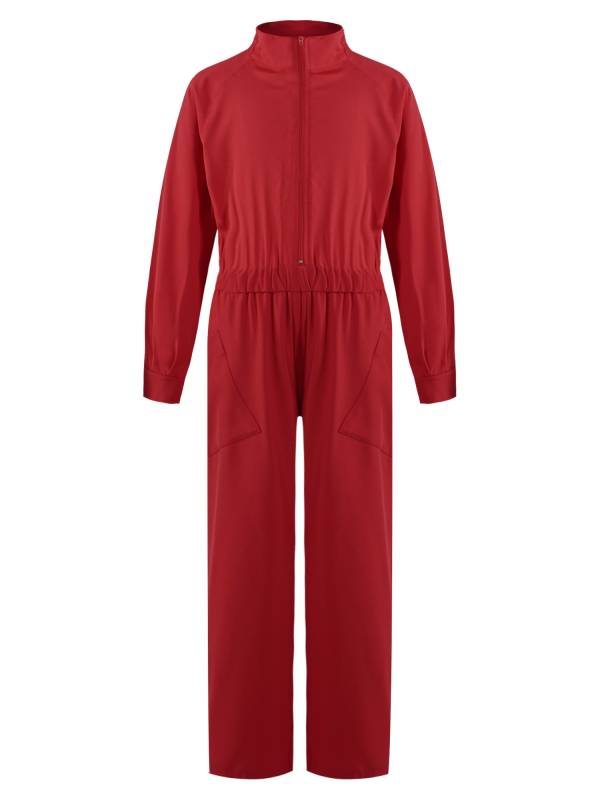 Kids Girls Long Sleeve Zipper Front Solid Color Coverall Jumpsuit thumb