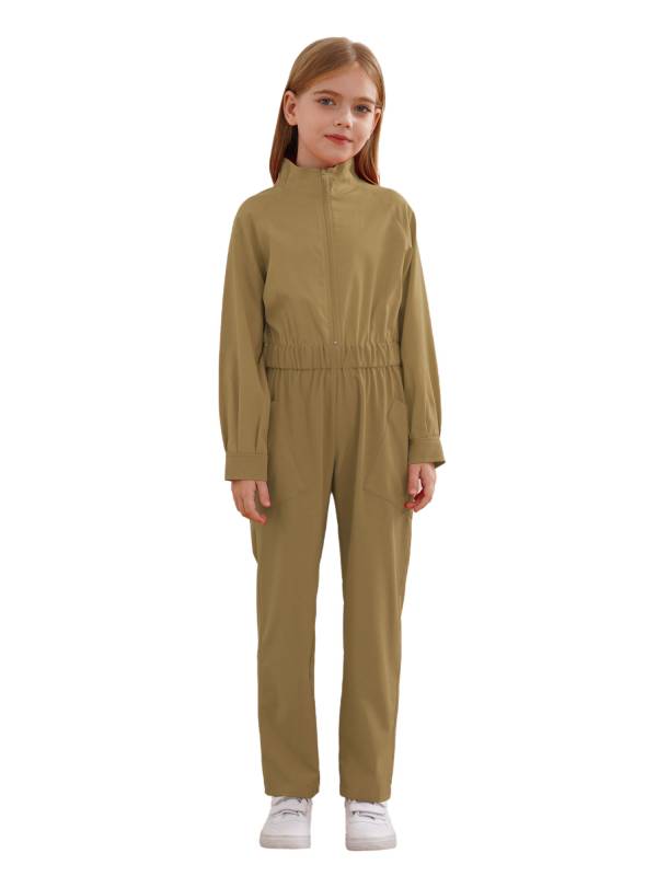 Kids Girls Long Sleeve Zipper Front Solid Color Coverall Jumpsuit thumb