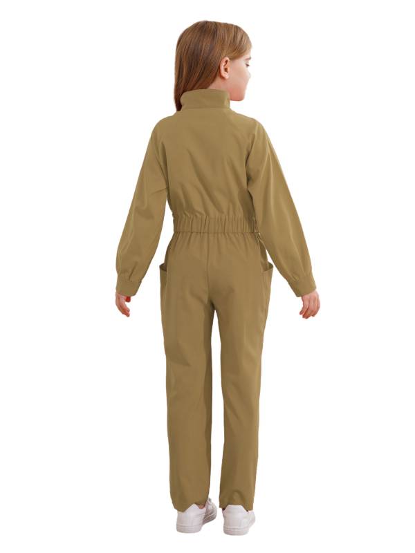 Kids Girls Long Sleeve Zipper Front Solid Color Coverall Jumpsuit thumb
