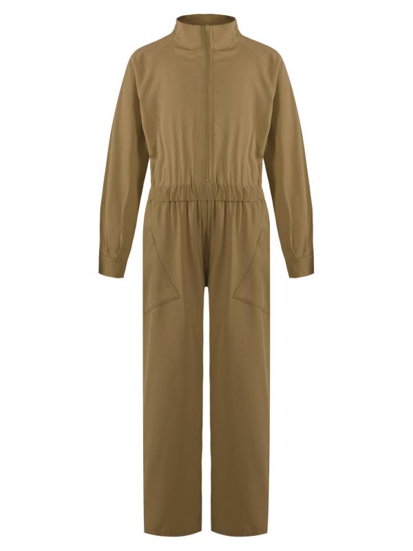 Kids Girls Long Sleeve Zipper Front Solid Color Coverall Jumpsuit thumb