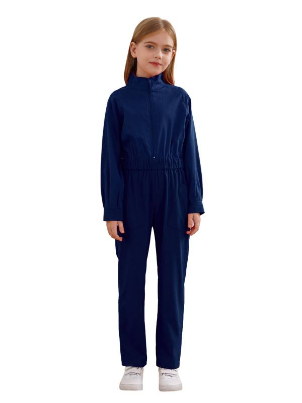 Kids Girls Long Sleeve Zipper Front Solid Color Coverall Jumpsuit thumb