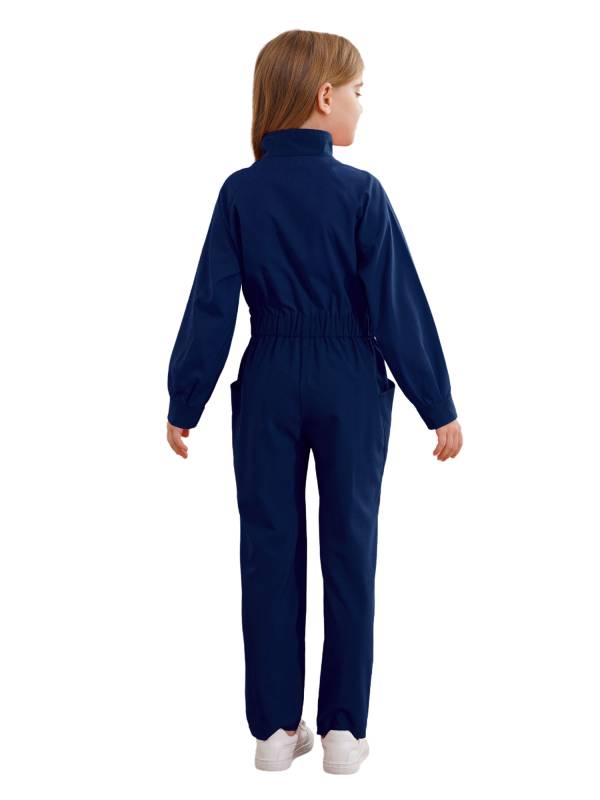 Kids Girls Long Sleeve Zipper Front Solid Color Coverall Jumpsuit thumb