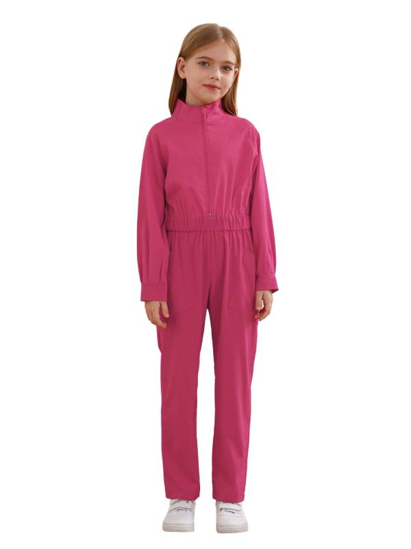 Kids Girls Long Sleeve Zipper Front Solid Color Coverall Jumpsuit thumb