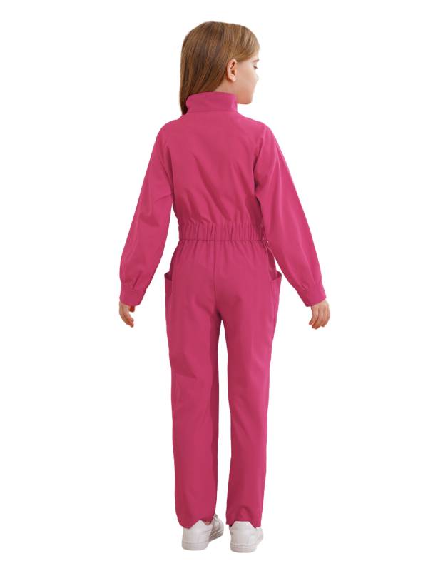 Kids Girls Long Sleeve Zipper Front Solid Color Coverall Jumpsuit thumb