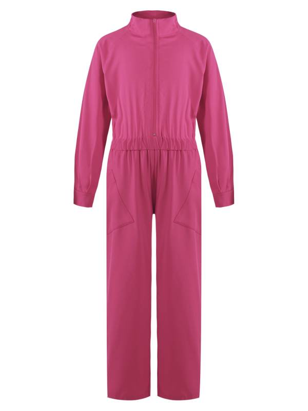 Kids Girls Long Sleeve Zipper Front Solid Color Coverall Jumpsuit thumb