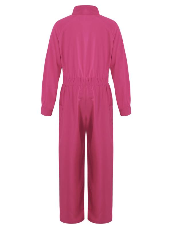 Kids Girls Long Sleeve Zipper Front Solid Color Coverall Jumpsuit thumb