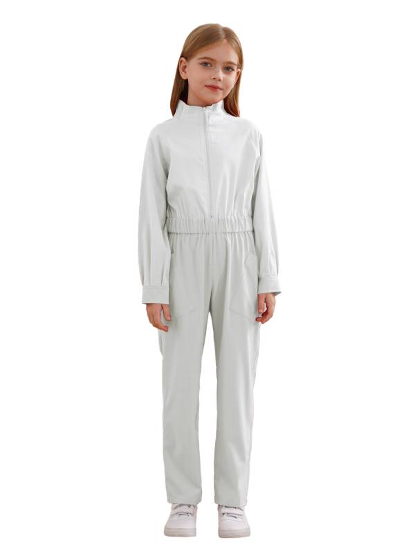 Kids Girls Long Sleeve Zipper Front Solid Color Coverall Jumpsuit thumb
