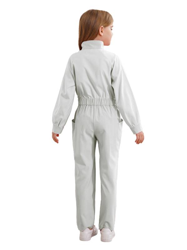 Kids Girls Long Sleeve Zipper Front Solid Color Coverall Jumpsuit thumb
