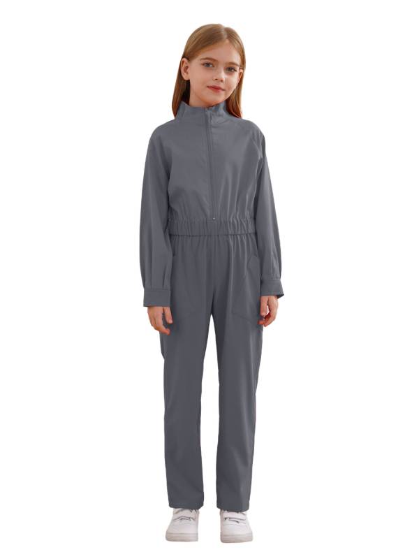 Kids Girls Long Sleeve Zipper Front Solid Color Coverall Jumpsuit thumb