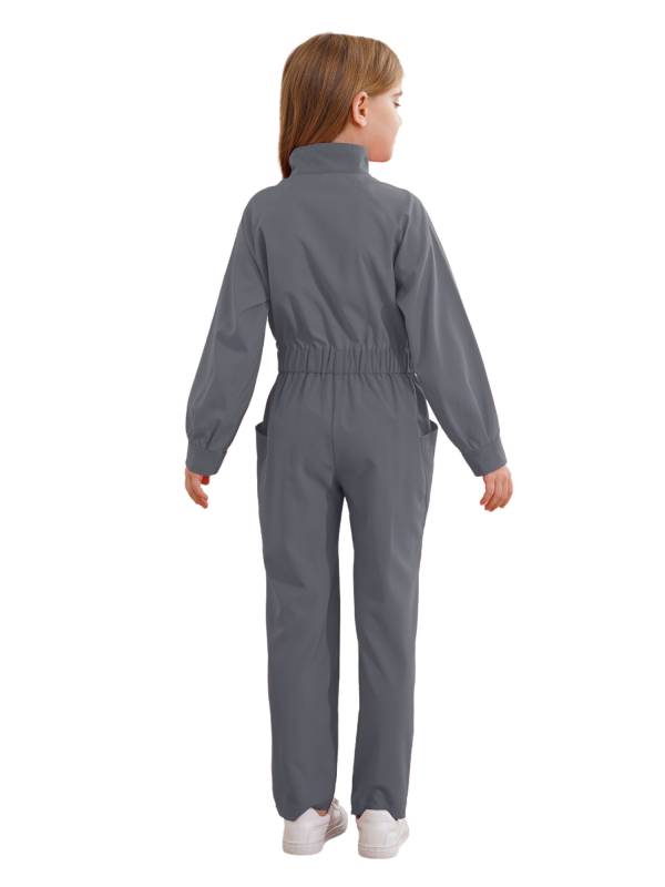 Kids Girls Long Sleeve Zipper Front Solid Color Coverall Jumpsuit thumb