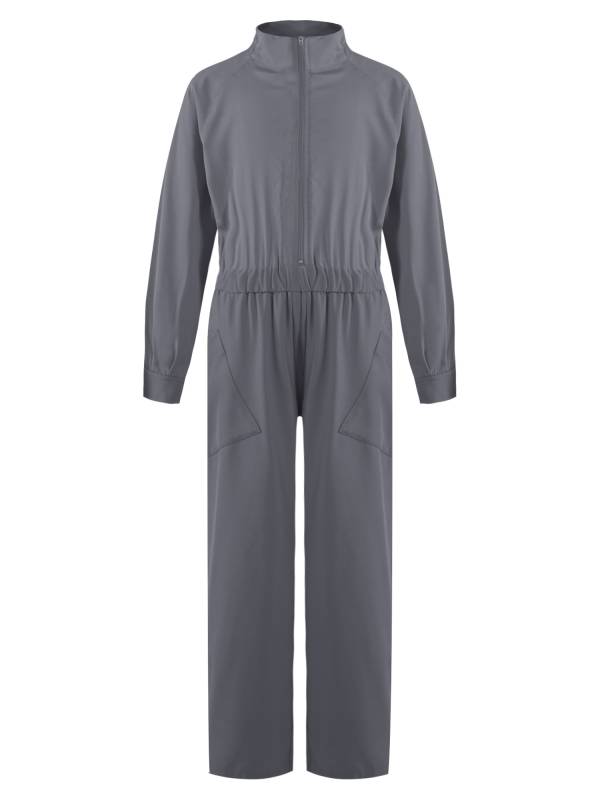 Kids Girls Long Sleeve Zipper Front Solid Color Coverall Jumpsuit thumb