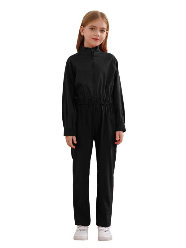 Kids Girls Long Sleeve Zipper Front Solid Color Coverall Jumpsuit thumb