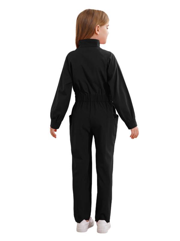 Kids Girls Long Sleeve Zipper Front Solid Color Coverall Jumpsuit thumb