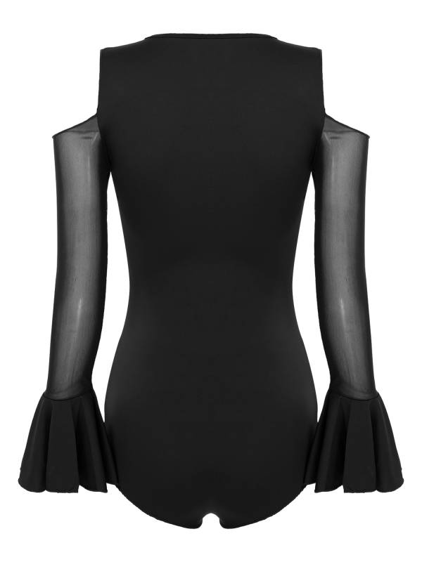 Women V Neck Cold Shoulder Long Sleeve Latin Dance Leotard thumb