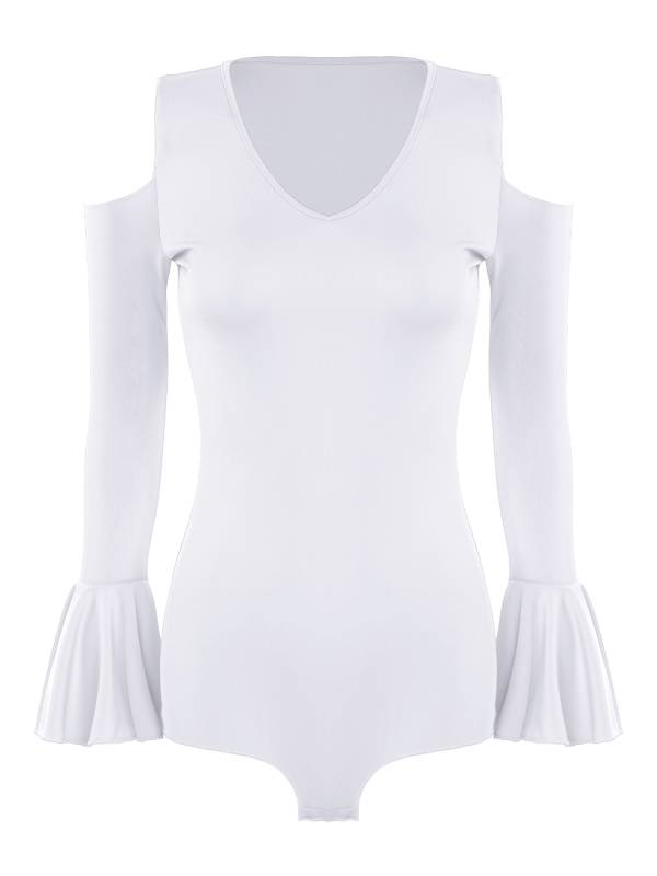 Women V Neck Cold Shoulder Long Sleeve Latin Dance Leotard thumb