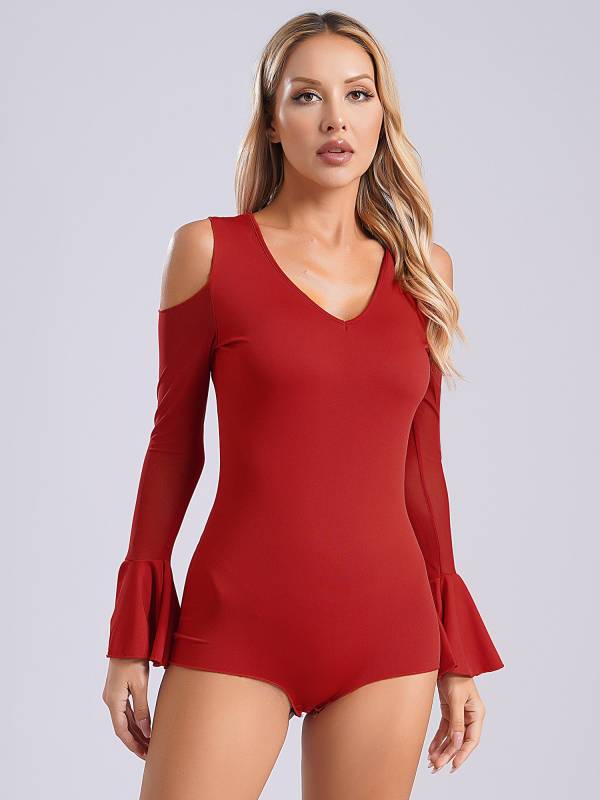 Women V Neck Cold Shoulder Long Sleeve Latin Dance Leotard thumb