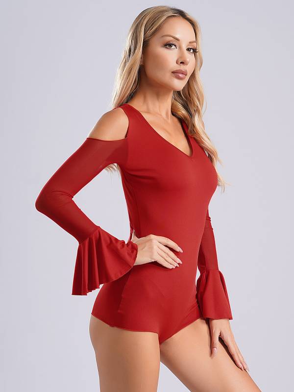 Women V Neck Cold Shoulder Long Sleeve Latin Dance Leotard thumb