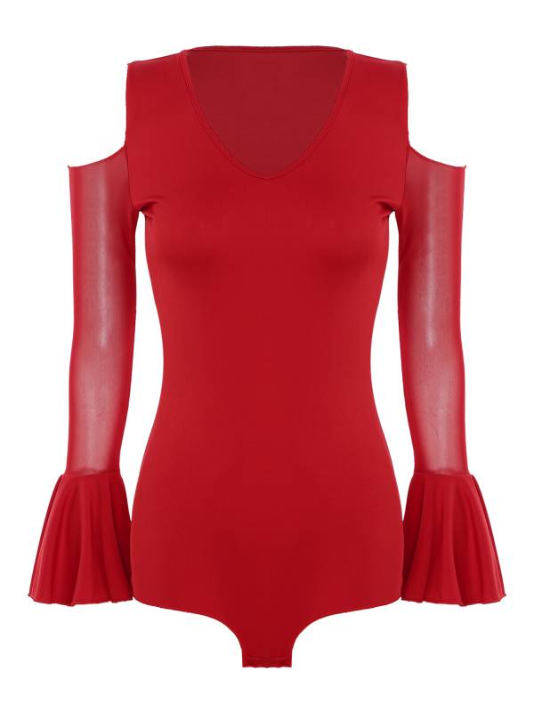 Women V Neck Cold Shoulder Long Sleeve Latin Dance Leotard thumb