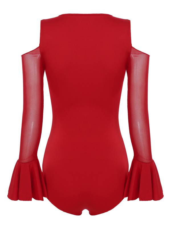 Women V Neck Cold Shoulder Long Sleeve Latin Dance Leotard thumb